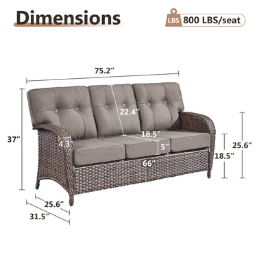3-Seater T-Back Sofa – 5" Thick High-Density Cushions, All-Weather Brown Wicker, T Series - Belord