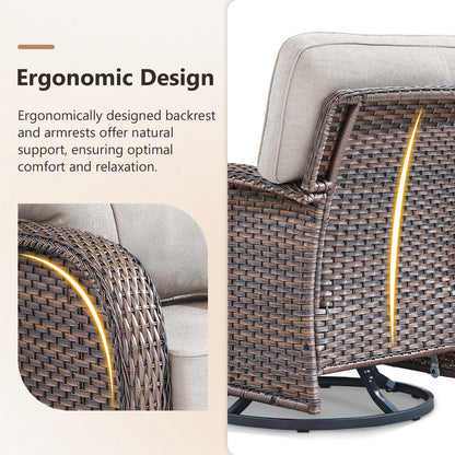 Premium 8-Piece Outdoor Sofa Set: 3-Person Sofa + 2 Swivel Rocking Chairs + 2 Patio Chairs + Side Table + 2 Footstools - Heavy Duty PE Wicker with Supportive 5" High-Density (28D) Cushions, T Series