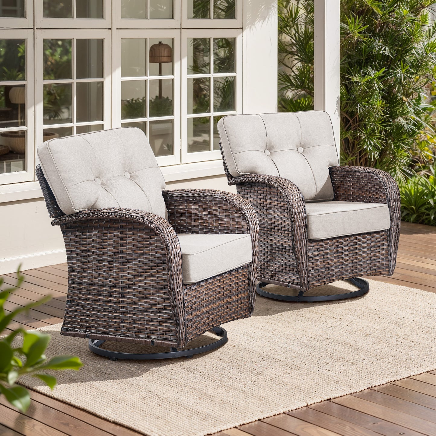 Swivel Patio Chairs (Set of 2) – Wide T-Back Design & 5" Thick Cushions, T Series