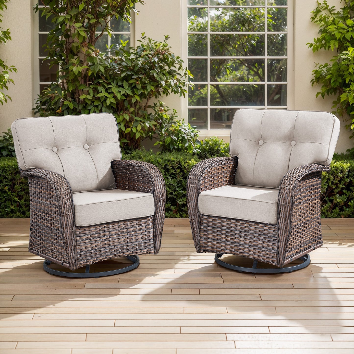 Swivel Patio Chairs (Set of 2) – Wide T-Back Design & 5" Thick Cushions, T Series