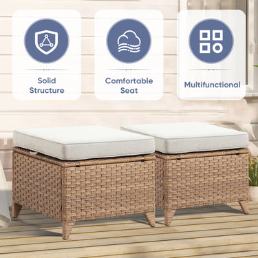 Belord 2-piece patio wicker ottoman set with side table, part of NTC Series, ideal for outdoor conversation areas.
