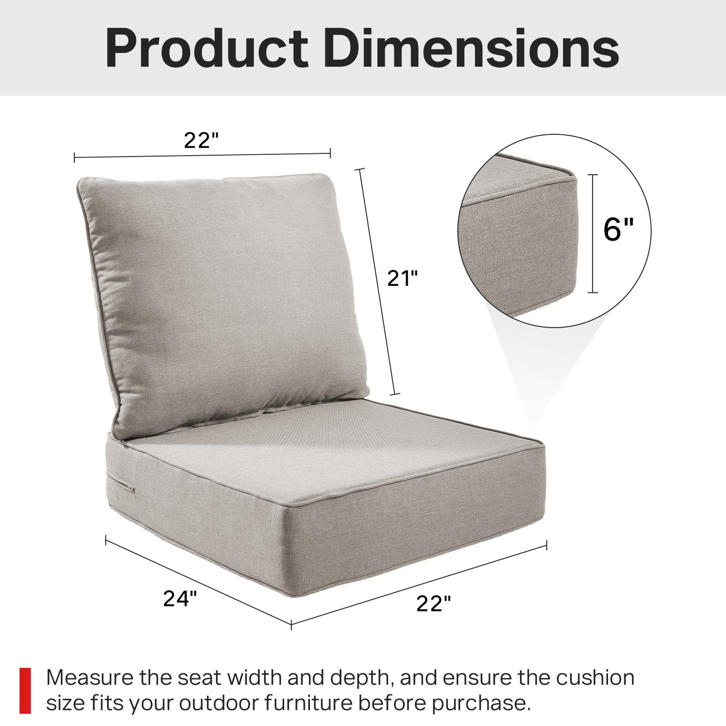 Belord 4-Piece Replacement Seat Back Cushions Set with Olefin Fabric and Zipper, 6"H x 22"W x 24"D
