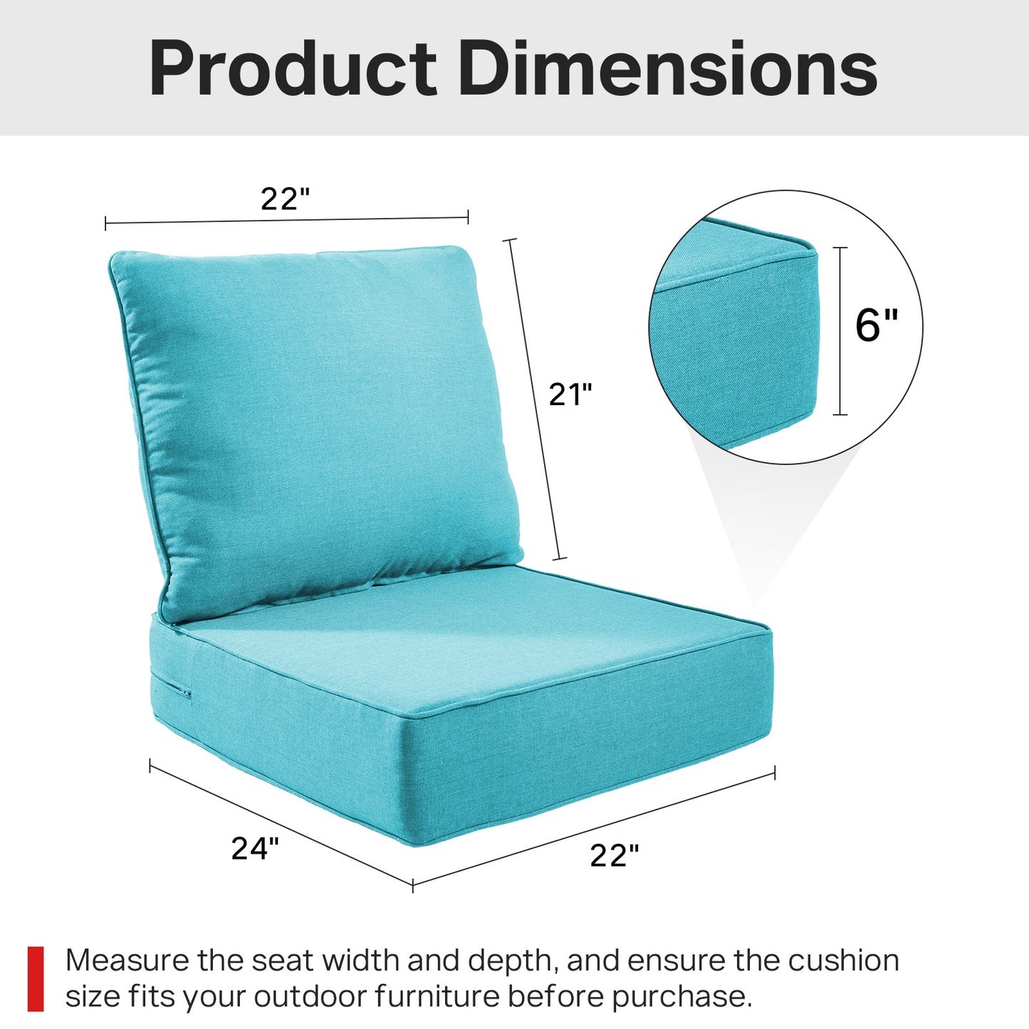 6" Thick Outdoor Cushions 22x24x6, 4-Set Deep Seat Patio Cushions with Removable Cover, Waterproof & Fade Resistant Replacement for Wicker Chair, Loveseat, Sofa