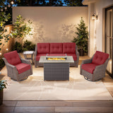 Belord 5-piece wicker patio fire table set with swivel glider chairs and sofa, featuring a fire pit table for outdoor relaxation.