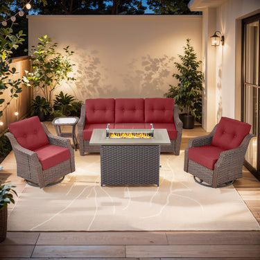 Belord 5-piece wicker patio fire table set with swivel glider chairs and sofa, featuring a fire pit table for outdoor relaxation.