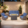 Belord 5-piece wicker swivel glider and sofa set with fire pit table from OVOLO Series, outdoor patio fire table set.