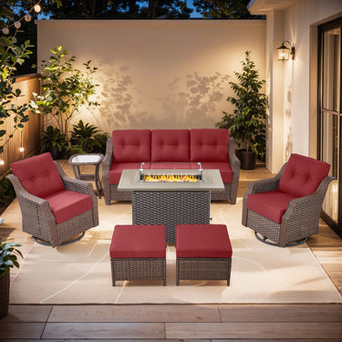 Belord 7-piece wicker swivel glider sofa and fire pit table patio set from the OVOL Series, featuring comfortable seating and a central fire table.