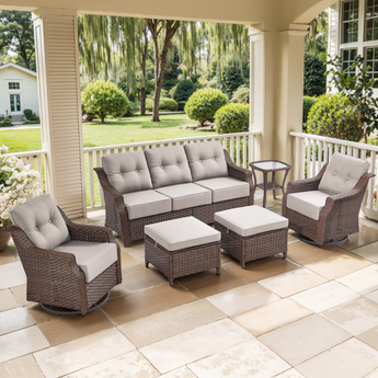 Belord 6-piece wicker swivel glider patio set with sofa, ottoman, and cushions from the OVOLO Series, ideal for outdoor conversations.