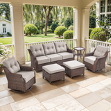Belord 6-piece wicker swivel glider patio set with sofa, ottoman, and cushions from the OVOLO Series, ideal for outdoor conversations.