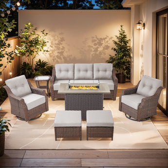 Belord 7-piece wicker swivel glider sofa and fire pit table set from the OVOLO Series, outdoor patio fire table set with cushions.