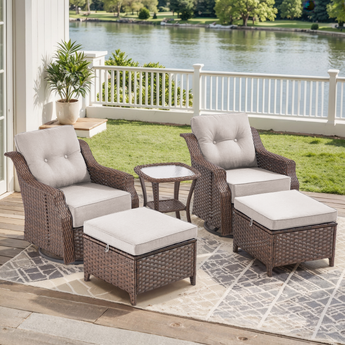 Belord 5-piece outdoor wicker swivel glider chairs and ottomans set from the OVOLO Series, with plush cushions for patio comfort.
