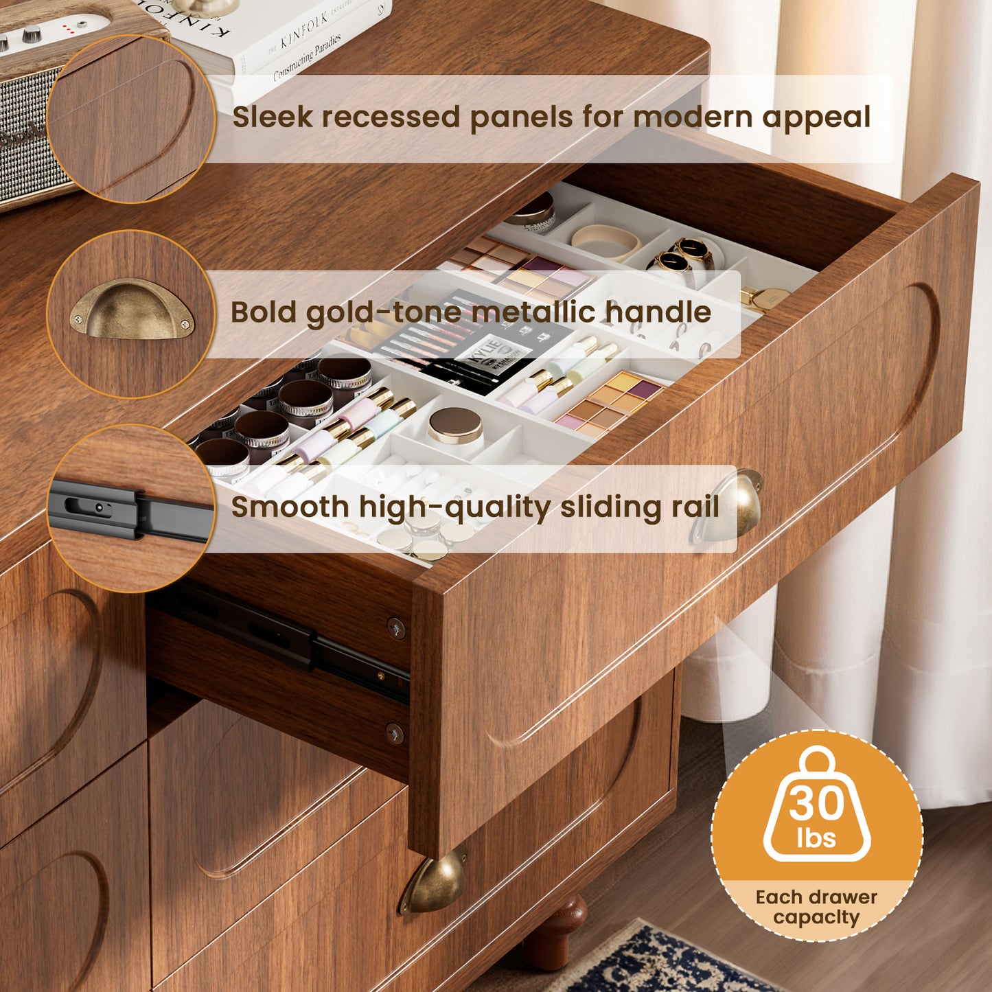 Save 50% - 47.2" Walnut Double Dresser with 6 Drawers - Sturdy Chest for Bedroom & Living Room, Solid Wood Legs