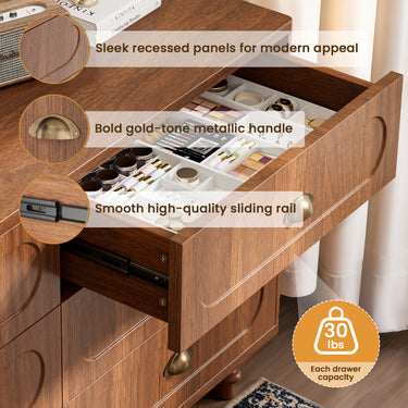Walnut double dresser by Belord with six drawers, solid wood legs, ideal for bedroom or living room storage.