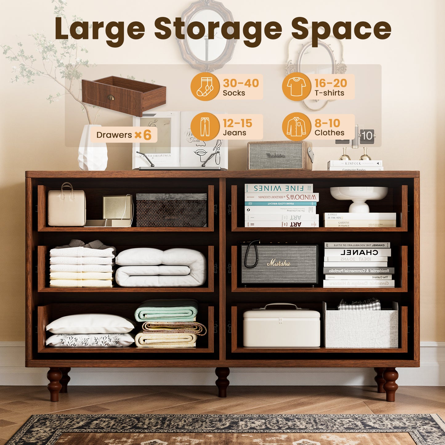 Save 50% - 47.2" Walnut Double Dresser with 6 Drawers - Sturdy Chest for Bedroom & Living Room, Solid Wood Legs