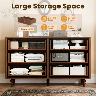 Walnut double dresser with 6 drawers and solid wood legs, sturdy storage chest for bedroom or living room from Belord.