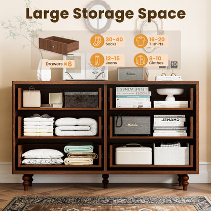 Save 50% - 47.2" Walnut Double Dresser with 6 Drawers - Sturdy Chest for Bedroom & Living Room, Solid Wood Legs