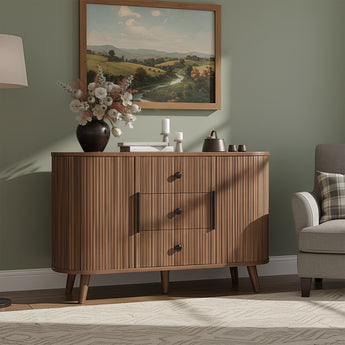 Walnut 47-inch Belord sideboard buffet cabinet with fluted tambour doors, adjustable shelves, and three drawers for modern kitchen storage.