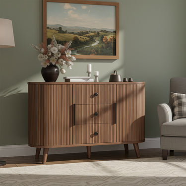 Walnut 47-inch Belord sideboard buffet cabinet with fluted tambour doors, adjustable shelves, and three drawers for modern kitchen storage.