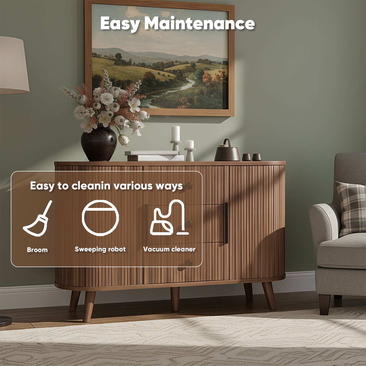 Save 50% - 47" Sideboard Buffet Cabinet with Fluted Tambour Doors, Adjustable Shelves, 3 Drawers – Modern Kitchen Storage & Coffee Bar Console