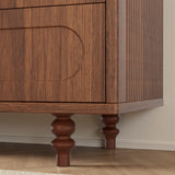 Walnut double dresser with six drawers, solid wood legs, sturdy construction, ideal for bedroom or living room storage.