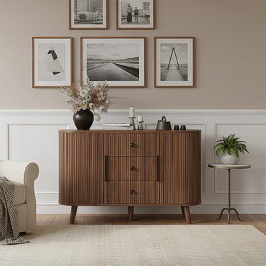 Walnut 47-inch Belord sideboard buffet cabinet with fluted tambour doors, adjustable shelves, and three drawers for modern kitchen storage.