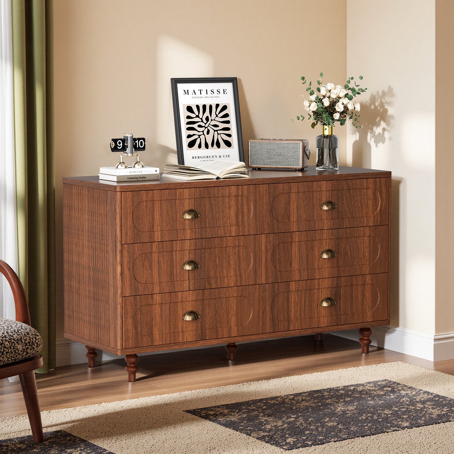 Save 50% - 47.2" Walnut Double Dresser with 6 Drawers - Sturdy Chest for Bedroom & Living Room, Solid Wood Legs