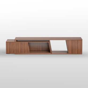 Walnut extendable TV stand by Belord with sliding doors, minimalist rectangular design, ideal for modern entertainment centers.