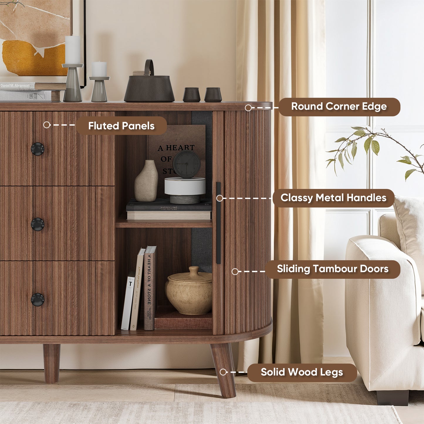 Save 50% - 47" Sideboard Buffet Cabinet with Fluted Tambour Doors, Adjustable Shelves, 3 Drawers – Modern Kitchen Storage & Coffee Bar Console