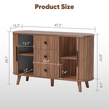 Walnut 47-inch Belord sideboard buffet cabinet with fluted tambour doors, adjustable shelves, and three drawers for modern kitchen storage
