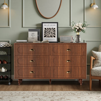 Walnut double dresser with six drawers and solid wood legs, ideal for bedroom or living room storage, by Belord.