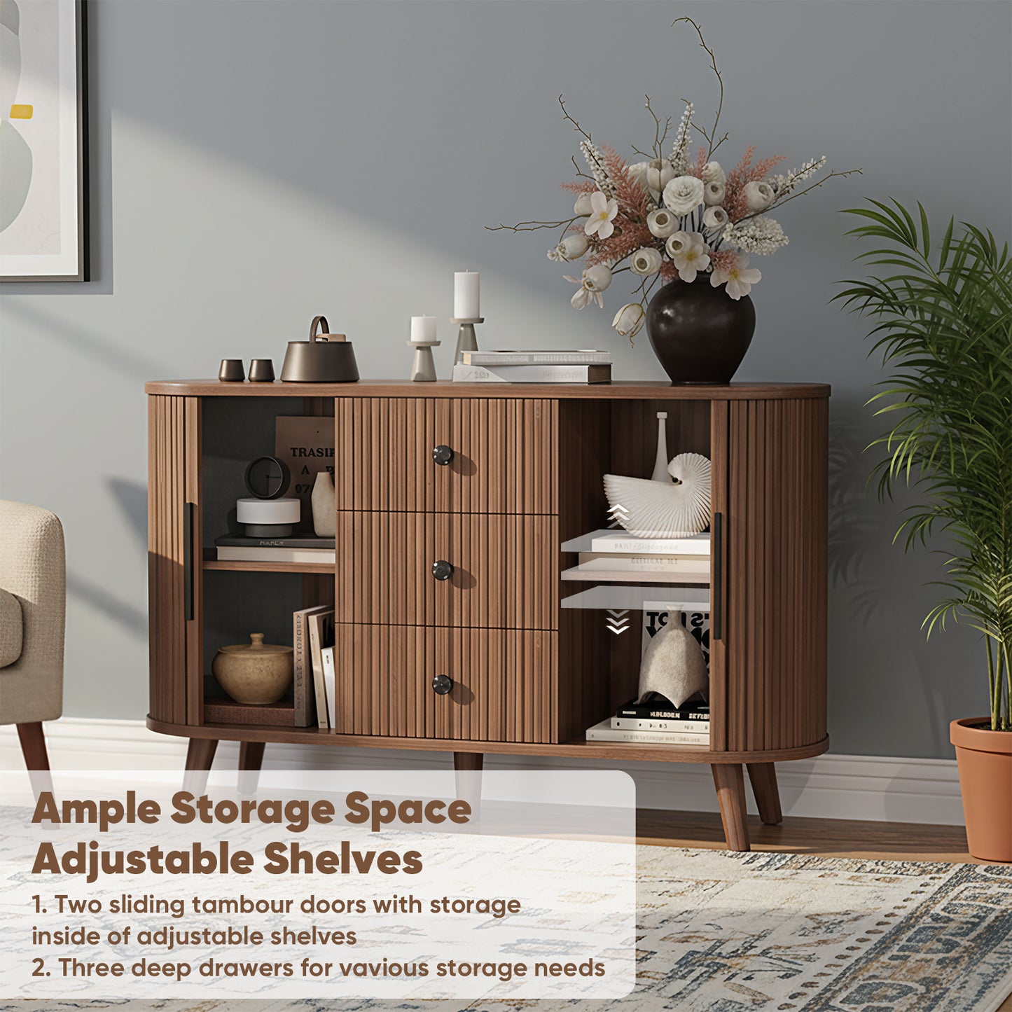 Save 50% - 47" Sideboard Buffet Cabinet with Fluted Tambour Doors, Adjustable Shelves, 3 Drawers – Modern Kitchen Storage & Coffee Bar Console