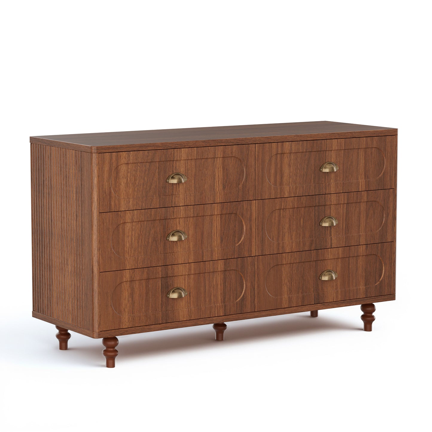 Save 50% - 47.2" Walnut Double Dresser with 6 Drawers - Sturdy Chest for Bedroom & Living Room, Solid Wood Legs