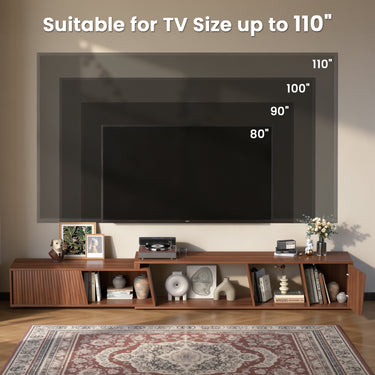 Belord extendable walnut TV stand with sliding doors, minimalist rectangular entertainment cabinet for modern living rooms.