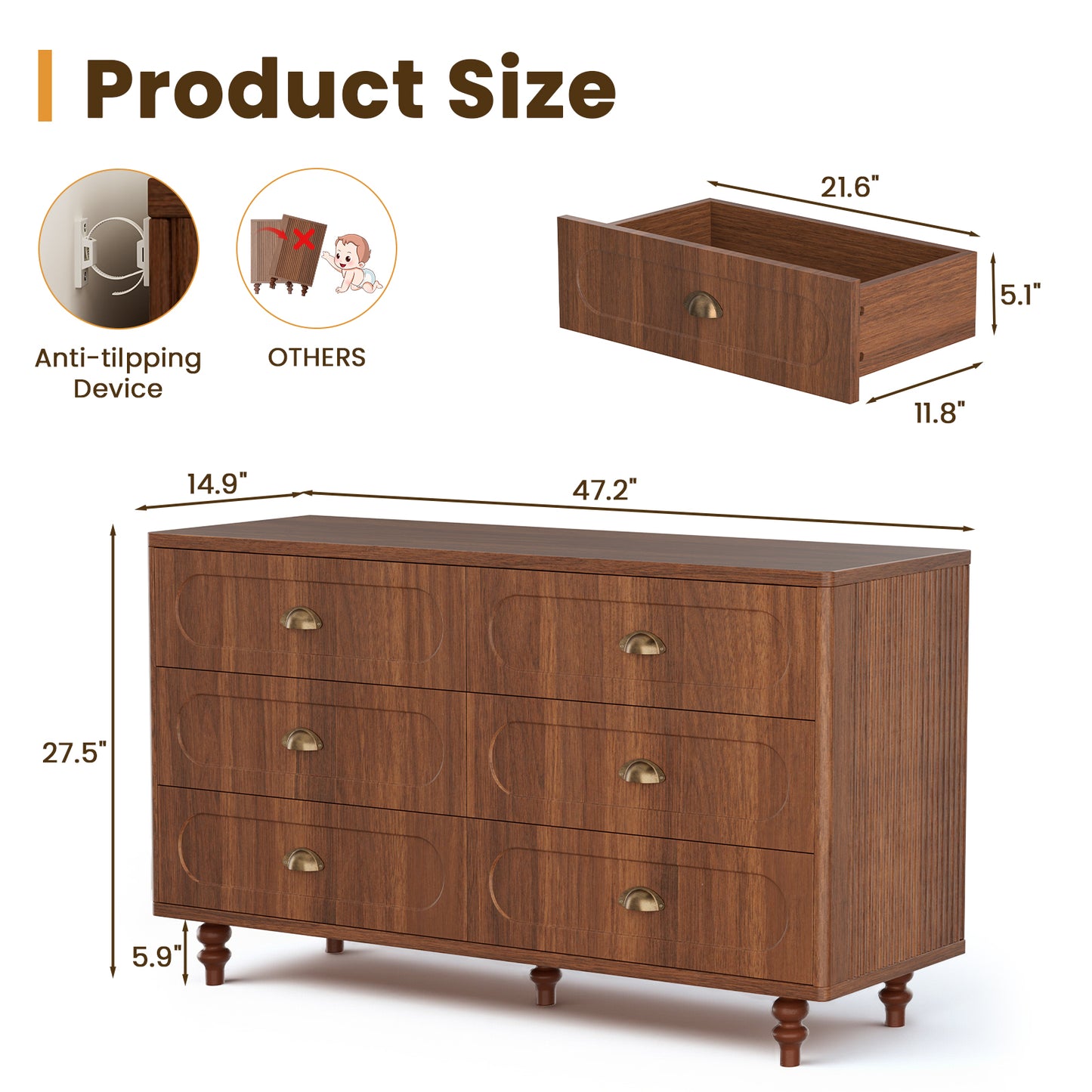 Save 50% - 47.2" Walnut Double Dresser with 6 Drawers - Sturdy Chest for Bedroom & Living Room, Solid Wood Legs