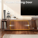 Walnut extendable Belord TV stand with sliding doors, minimalist rectangular entertainment cabinet for modern living rooms.