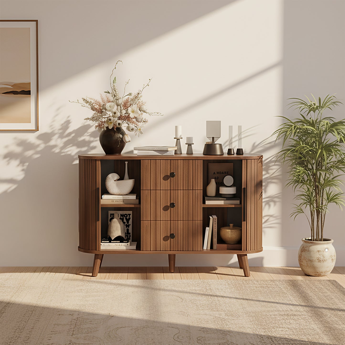 Save 50% - 47" Sideboard Buffet Cabinet with Fluted Tambour Doors, Adjustable Shelves, 3 Drawers – Modern Kitchen Storage & Coffee Bar Console