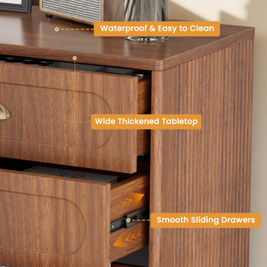 Walnut double dresser by Belord with six drawers and solid wood legs, ideal for bedroom or living room storage.