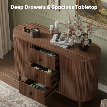 Walnut 47-inch Belord sideboard buffet cabinet with fluted tambour doors, adjustable shelves, and three drawers for modern kitchen storage.