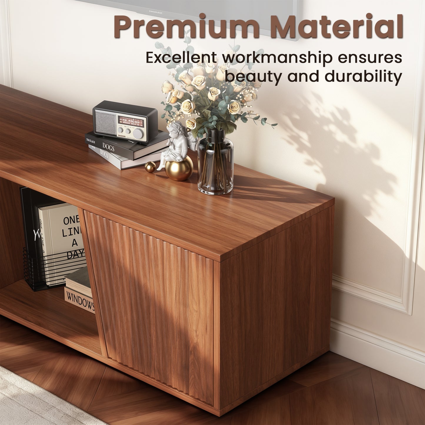 Save 50% - Extendable TV Stand with Sliding Doors - Belord Minimalist Rectangular Entertainment Cabinet