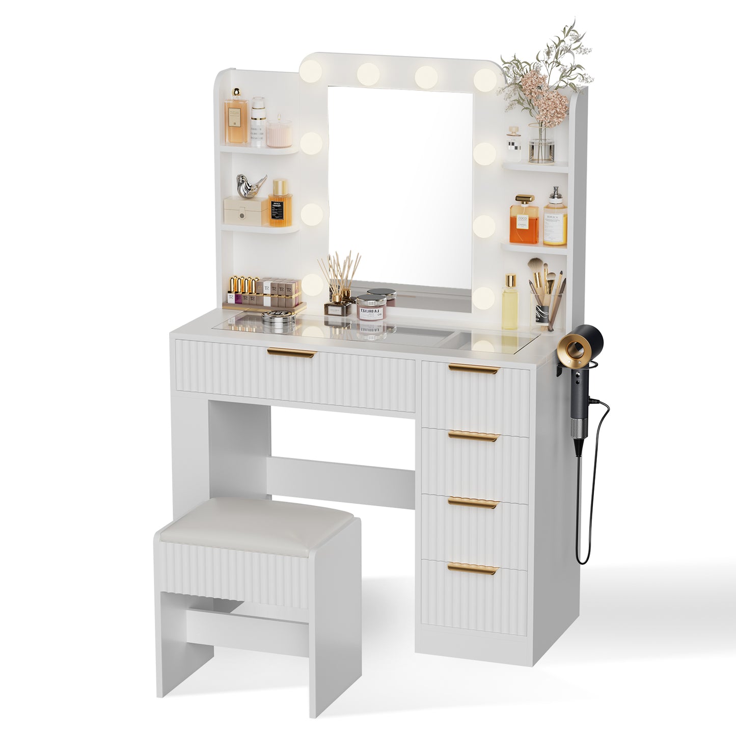 Save 50% - 37" Fluted Makeup Vanity Desk with LED Mirror, 5 Drawers & Glass Top, Vanity Table with Cabinet, Chair and Charging Station, 3 Light Modes for Bedroom