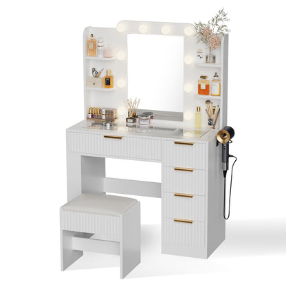 Save 50% - 37" Fluted Makeup Vanity Desk with LED Mirror, 5 Drawers & Glass Top, Vanity Table with Cabinet, Chair and Charging Station, 3 Light Modes for Bedroom