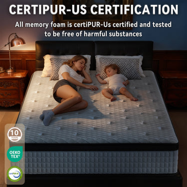 White 12-inch Belord hybrid mattress with memory foam and pocket springs, medium firm support, pressure relief, and motion isolation.