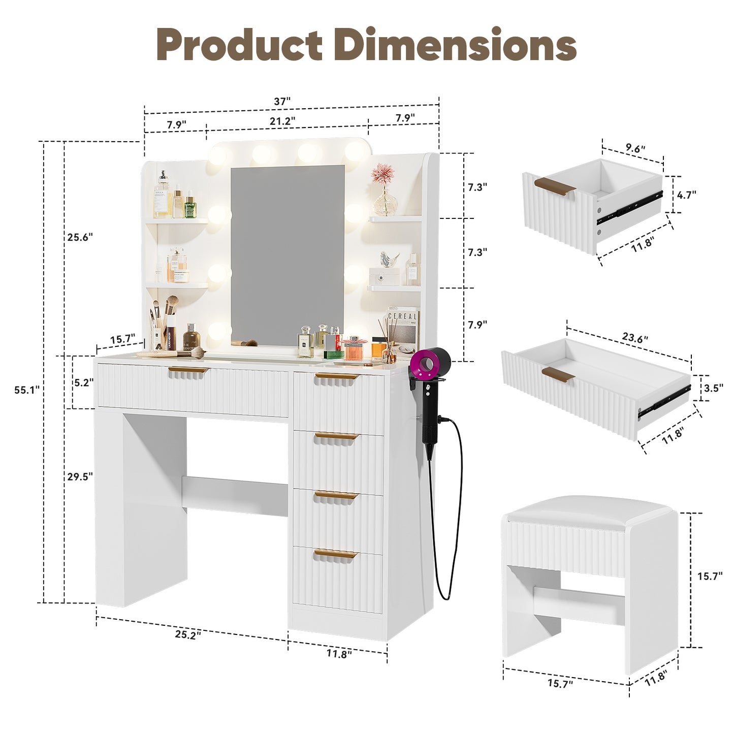 Save 50% - 37" Fluted Makeup Vanity Desk with LED Mirror, 5 Drawers & Glass Top, Vanity Table with Cabinet, Chair and Charging Station, 3 Light Modes for Bedroom