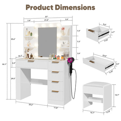 Save 50% - 37" Fluted Makeup Vanity Desk with LED Mirror, 5 Drawers & Glass Top, Vanity Table with Cabinet, Chair and Charging Station, 3 Light Modes for Bedroom