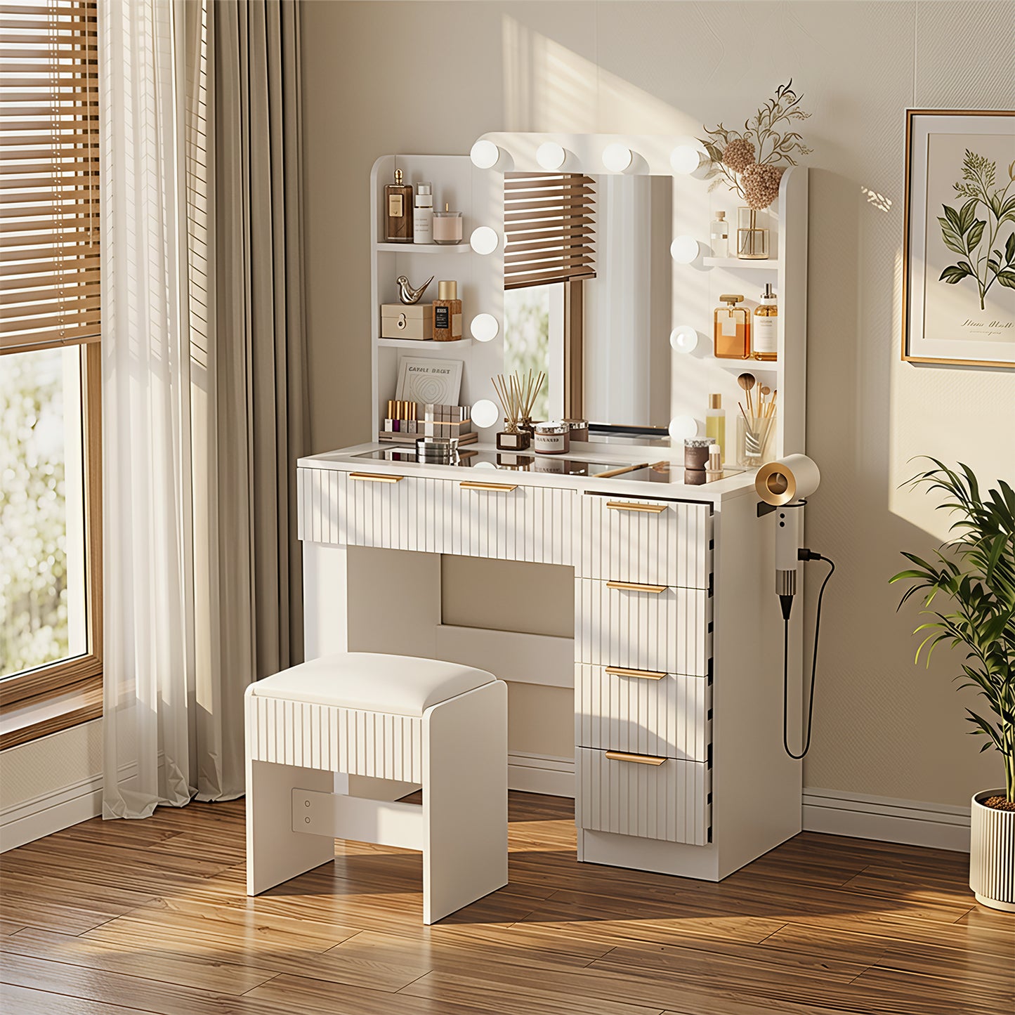 Save 50% - 37" Fluted Makeup Vanity Desk with LED Mirror, 5 Drawers & Glass Top, Vanity Table with Cabinet, Chair and Charging Station, 3 Light Modes for Bedroom