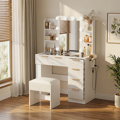 Save 50% - 37" Fluted Makeup Vanity Desk with LED Mirror, 5 Drawers & Glass Top, Vanity Table with Cabinet, Chair and Charging Station, 3 Light Modes for Bedroom