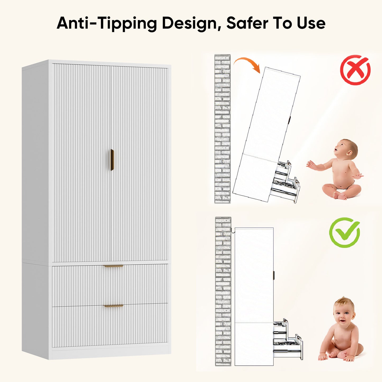 Save 50% - 70" Modern Wooden Wardrobe Closet with 2 Doors & 2 Drawers – Clothing Storage Armoire with Hanging Rod and Gold Handles for Bedroom