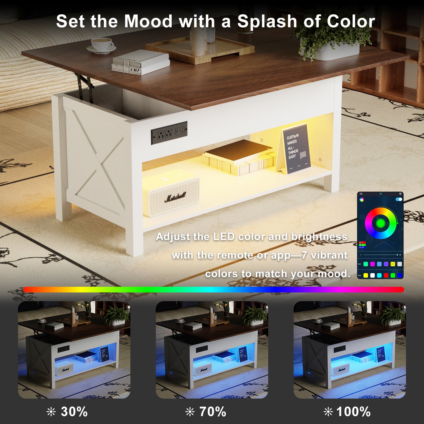 Save 50% - 4-in-1 Lift Top Coffee Table with LED Lights & Charging Station, White Center Table with Hidden Storage for Living Room & Office