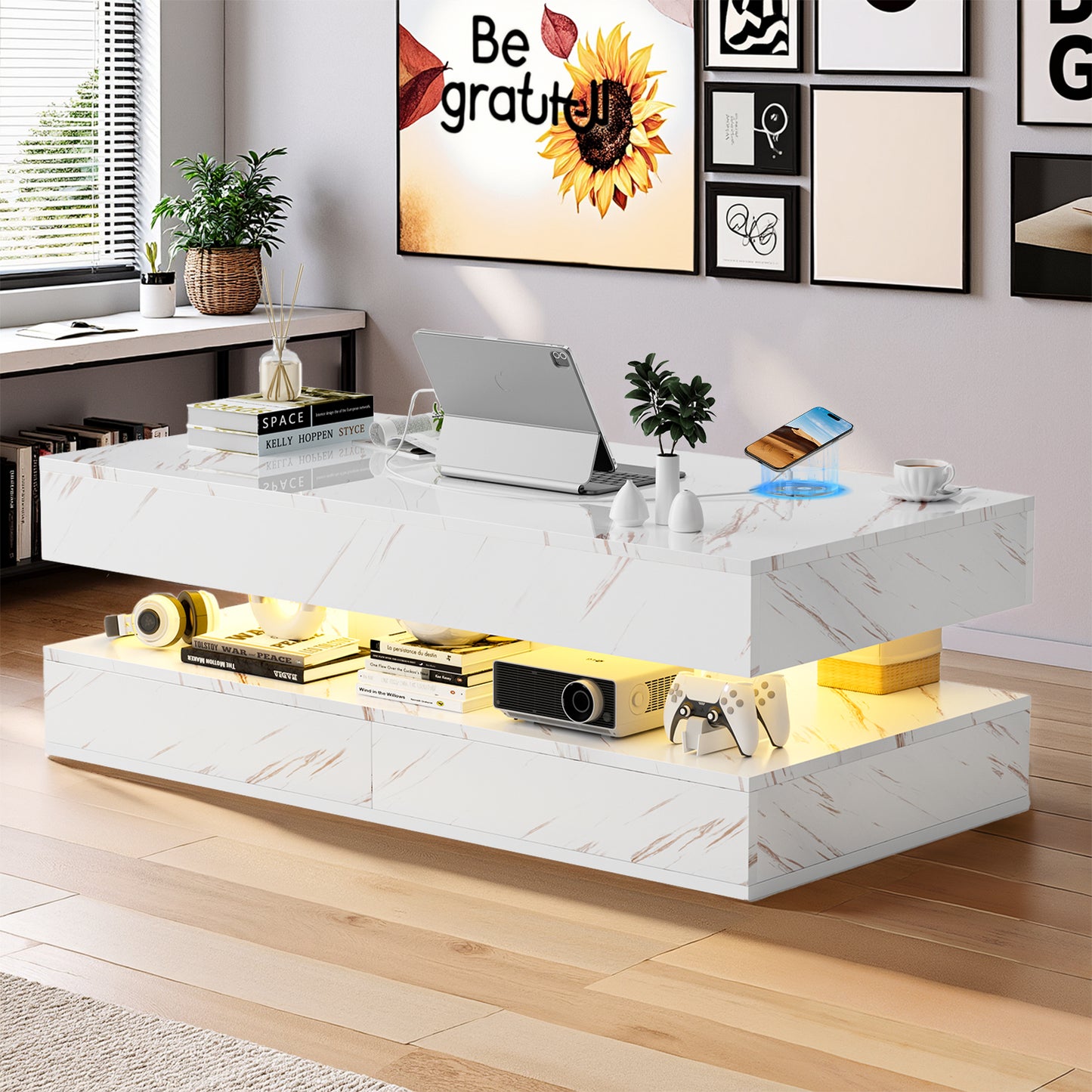 Save 50% - 47" Modern LED Coffee Table with Wireless Charging & Bluetooth Speaker – High-Gloss Double-Layer Design with 2 Drawers and Marble Effect Finish