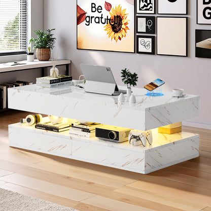 Save 50% - 47" Modern LED Coffee Table with Wireless Charging & Bluetooth Speaker – High-Gloss Double-Layer Design with 2 Drawers and Marble Effect Finish